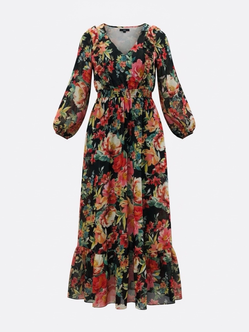 R&K Black Floral Long Sleeve women Maxi Dress